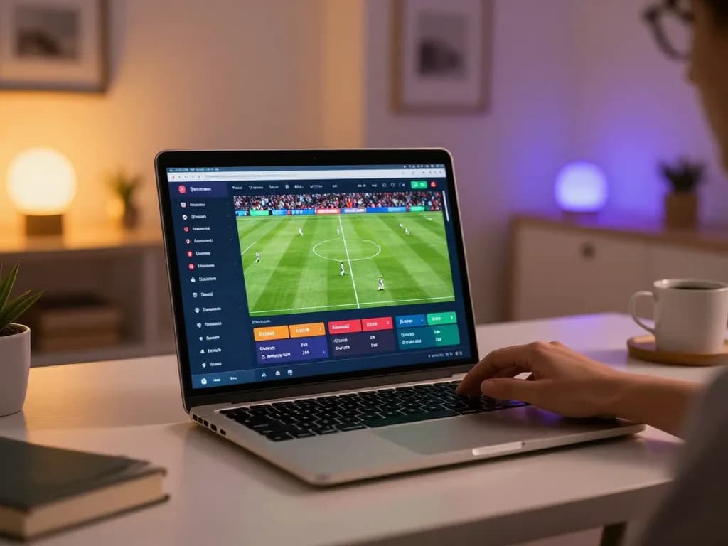 Engaged player using online sports betting app to place kèo nhà cái while enjoying a home match.