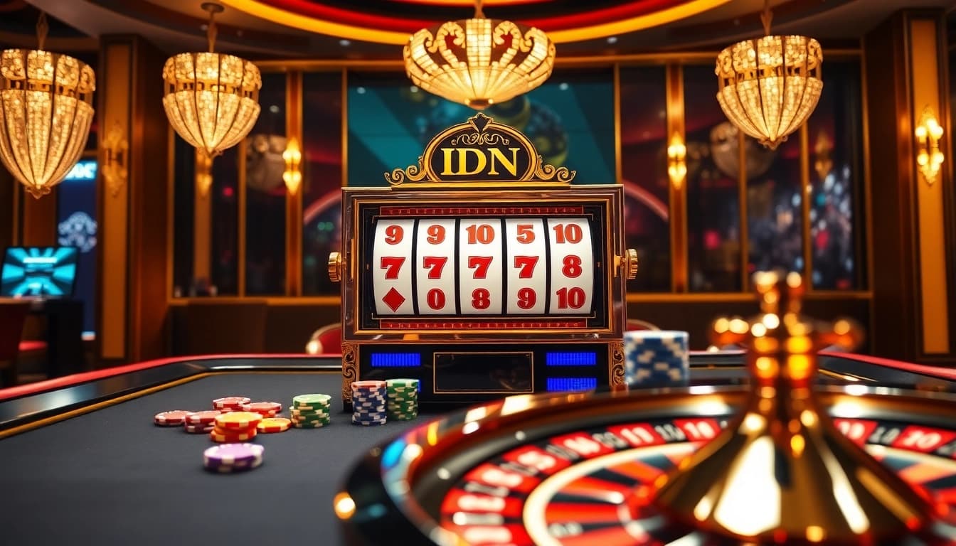 Spin the idnslot machine in a luxurious casino setting filled with vibrant poker chips and cards.