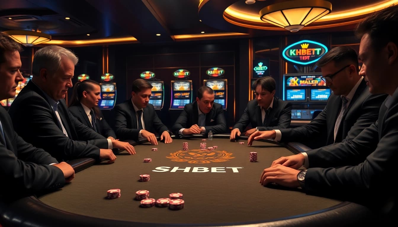 Experience the thrill of SHBET as players engage at a vibrant poker table in a luxurious casino environment.