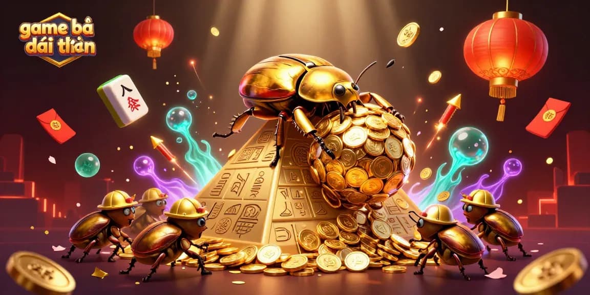 Engage in game bài đổi thưởng with a vibrant scene featuring golden beetles amidst casino symbols.