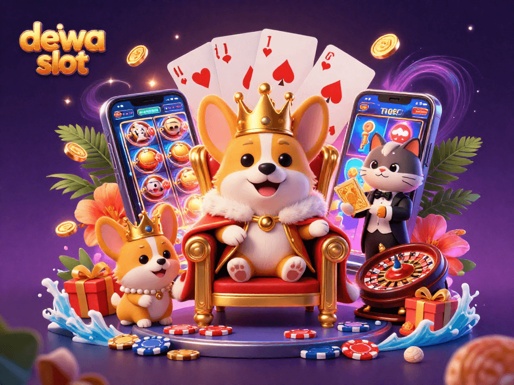 Experience dewa slot gaming with an elegant royal corgi and cat butler amid vibrant casino elements.