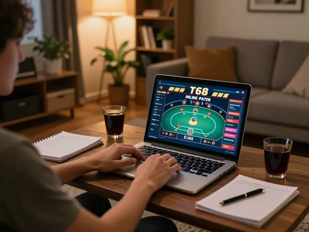 Players engaging with f168 online casino games on a modern laptop in a cozy home setup