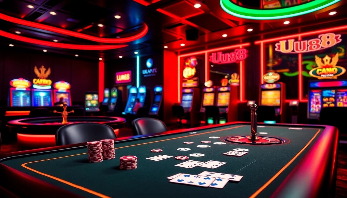 Experience the excitement of online gambling with UU88's luxurious casino atmosphere featuring vibrant games and engaging players.