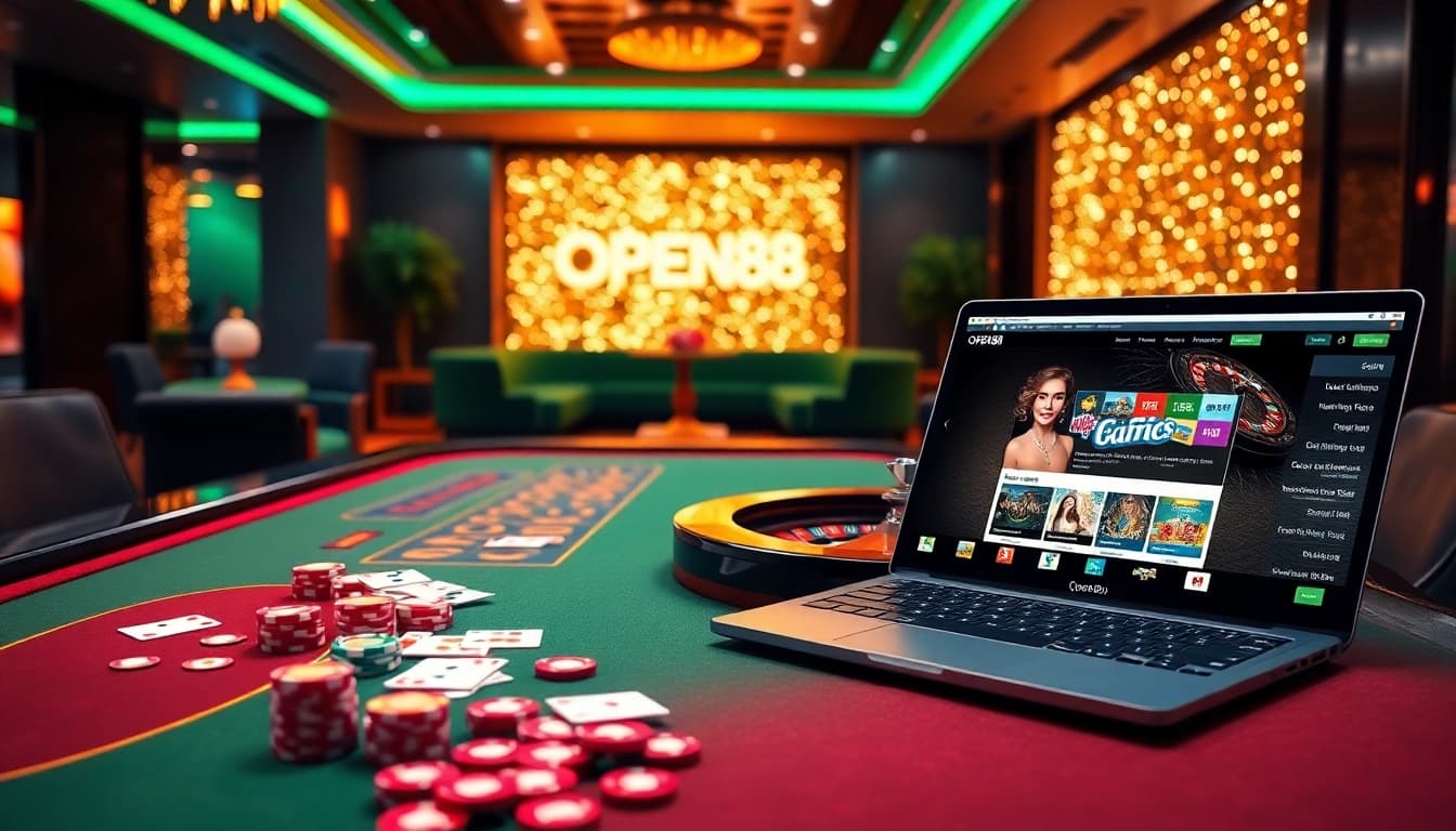 Engaging gameplay at OPEN88 with a vibrant casino table showcasing cards and poker chips.