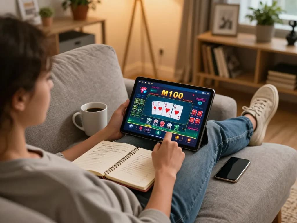 Engaging with m100 on a tablet during online poker game in a cozy home setting
