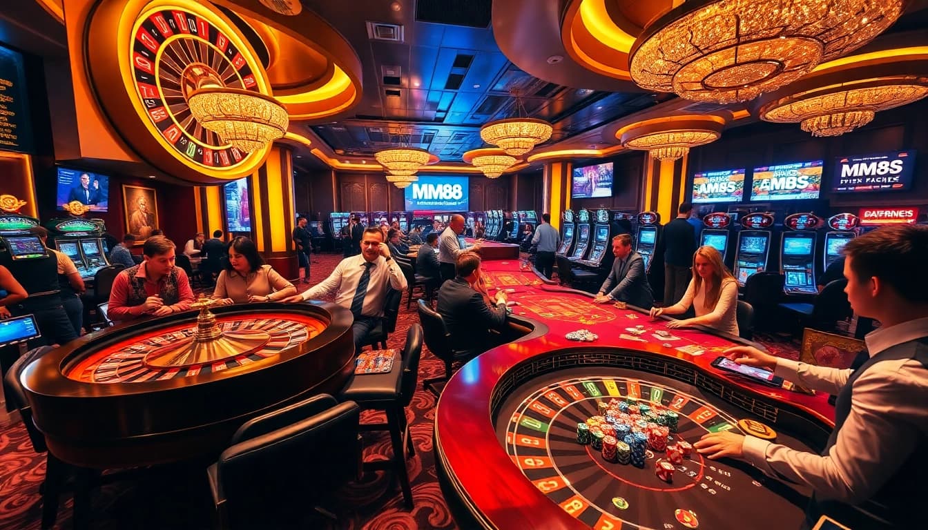 Betting excitement at https://mm88.report/ featuring a vibrant casino scene with roulette and poker tables.
