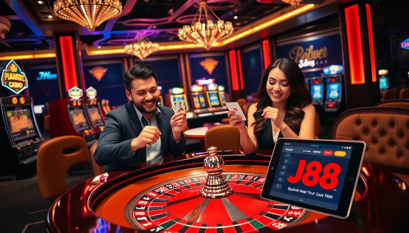 Players engaging in a thrilling game at J88 casino, showcasing excitement and high-stakes gambling.