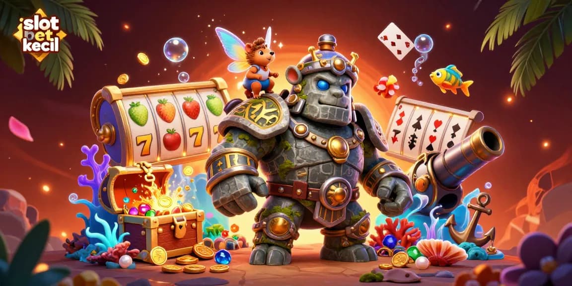 Experience the excitement of slot bet kecil with spinning reels and animated characters in a vibrant casino setting.
