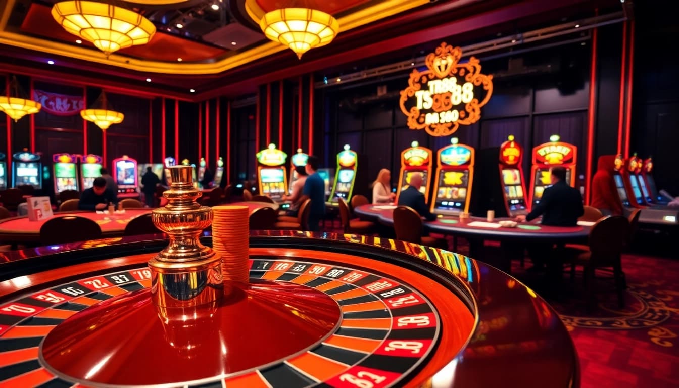 Gamblers engaging at a luxury casino table featuring TR88 action and vibrant roulette wheel.