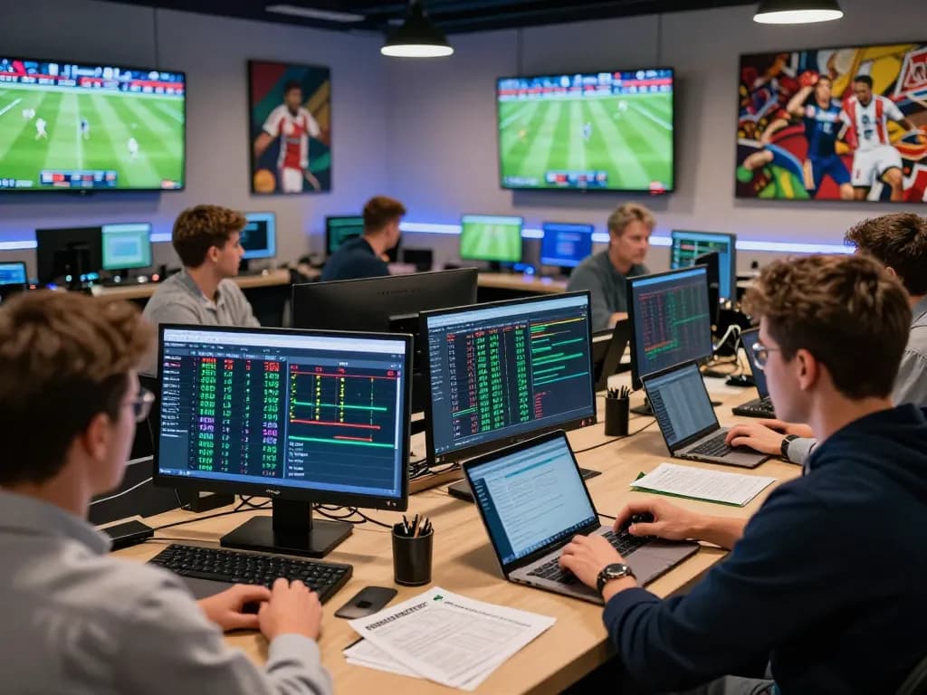 People analyzing kèo nhà cái odds and statistics in a vibrant betting environment