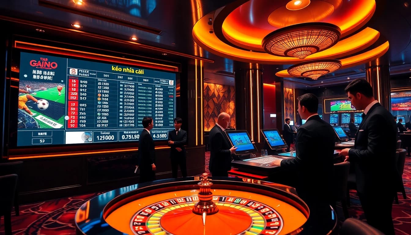 Engaging gamblers analyzing kèo nhà cái odds at a luxury sports betting venue.