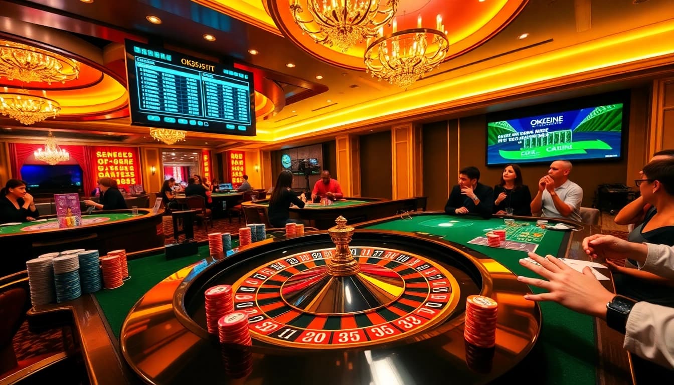 Experience exciting gameplay at https://ok365t.fit/ with vibrant casino scenes featuring roulette and poker chips.