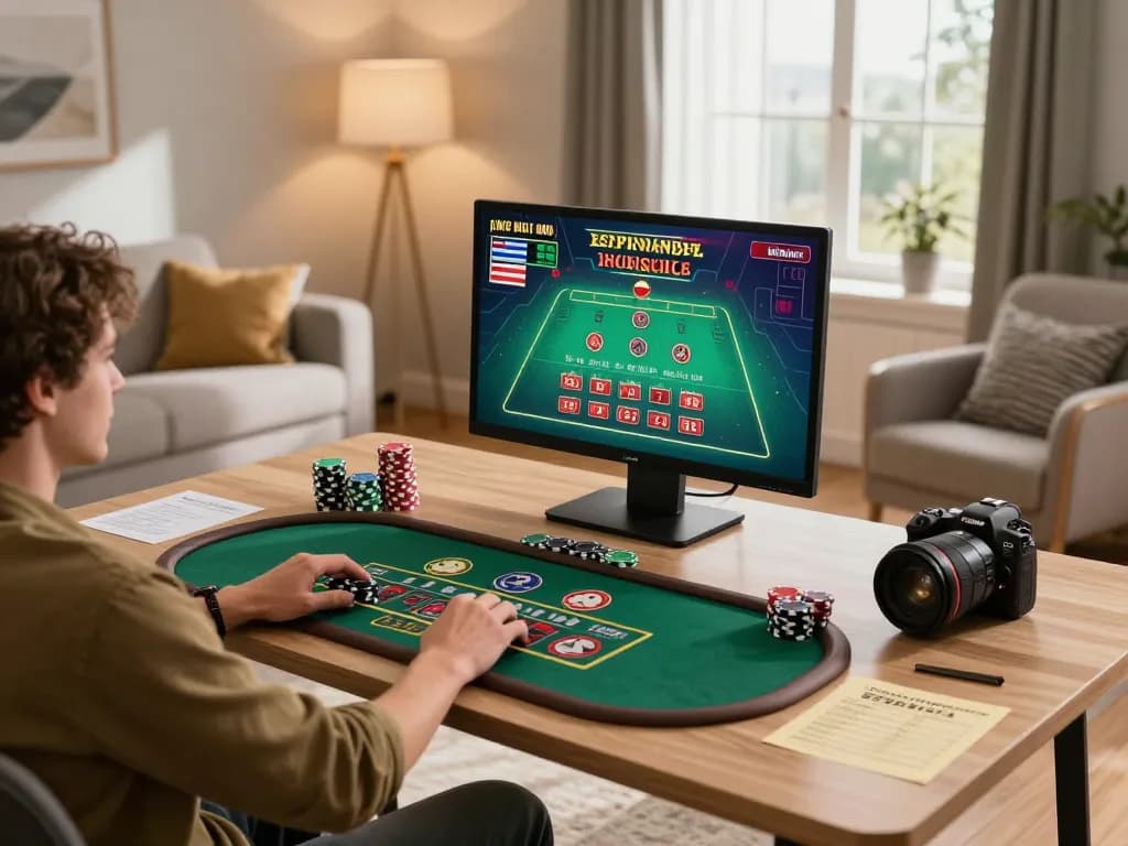 Player engaging in KP88 online gaming with strategic betting notes in a cozy setting.