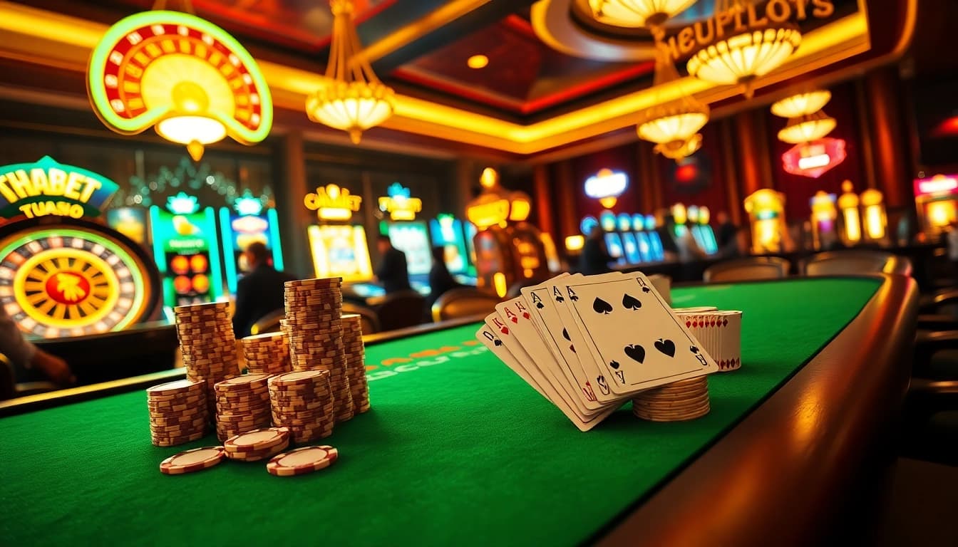 Experience the excitement of high-stakes gambling at THABET's luxurious poker table setup.