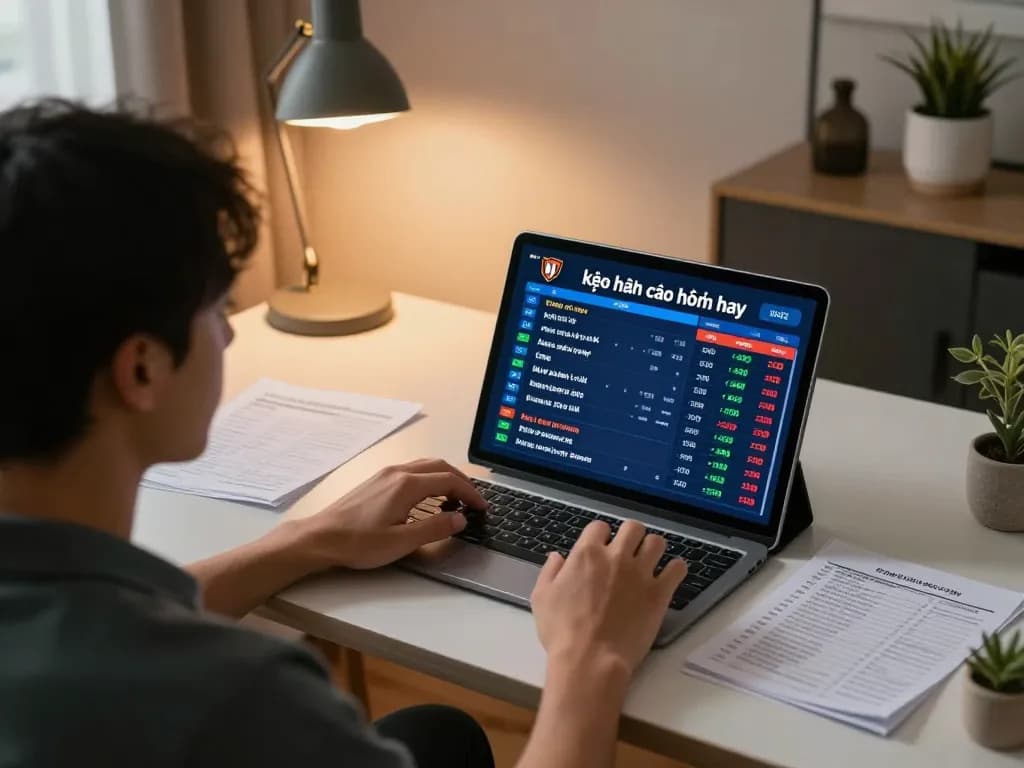 Engaging with kèo nhà cái hôm nay on tablet in a cozy home office setting.