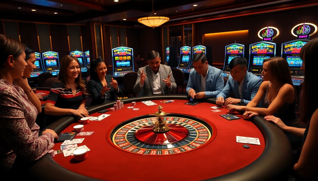 SX88 gaming table in a vibrant casino, featuring poker chips and excited players.