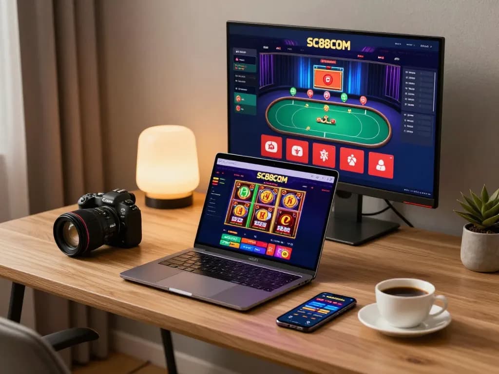 Gaming with SC88COM on a laptop in a cozy home setup, showcasing vibrant casino games.