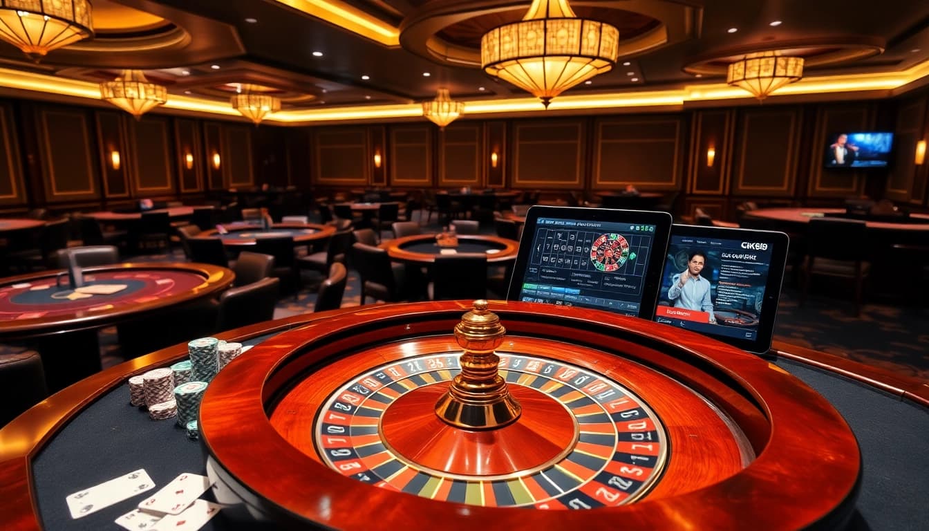 Experience the excitement of GK88 with vibrant casino tables, chips, and an online gambling interface.