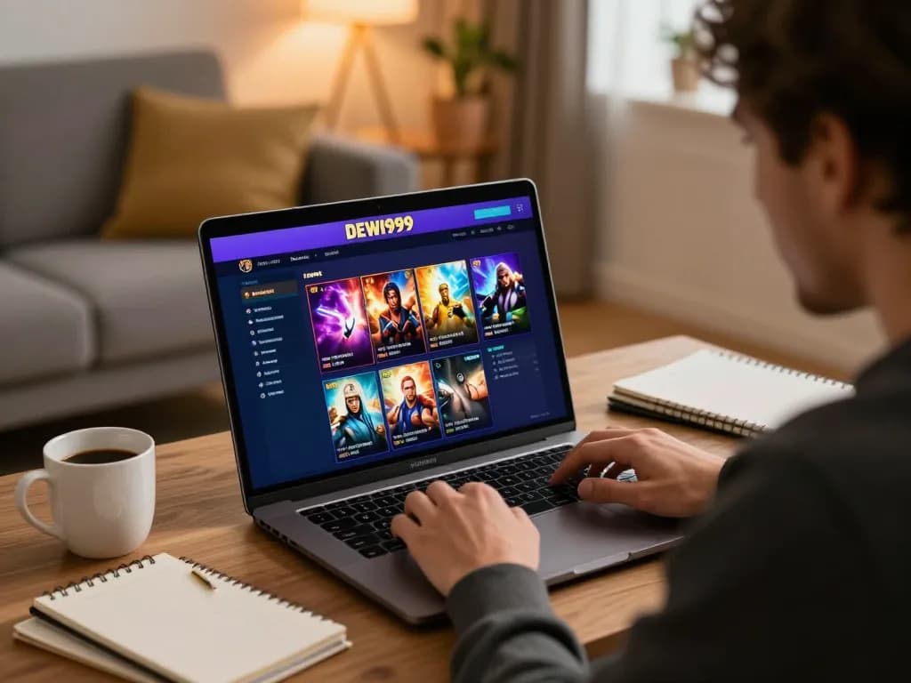 Berinteraksi dengan platform permainan online DEWI999 di meja kerja yang nyaman untuk permainan yang fokus.