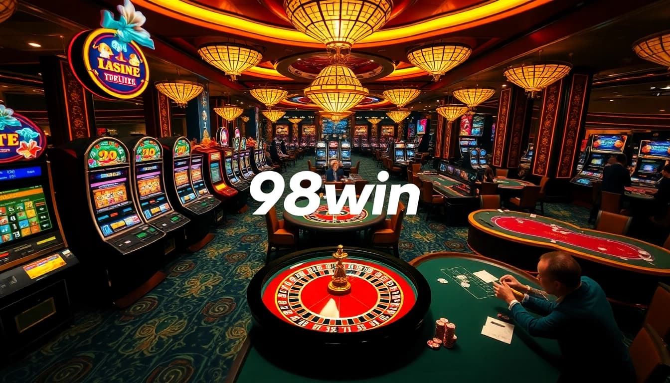 Winning at the 98win casino, showcasing vibrant slot machines and poker excitement.