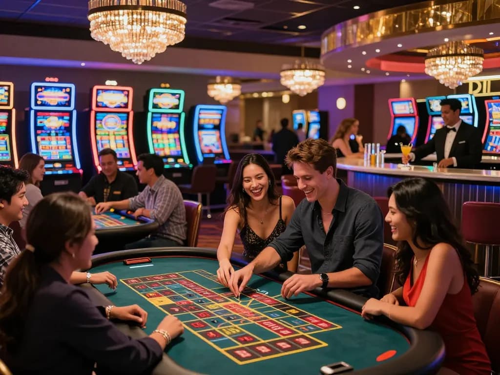 Exciting debet gaming scene in a lively casino with couples placing bets at roulette tables and colorful slot machines.