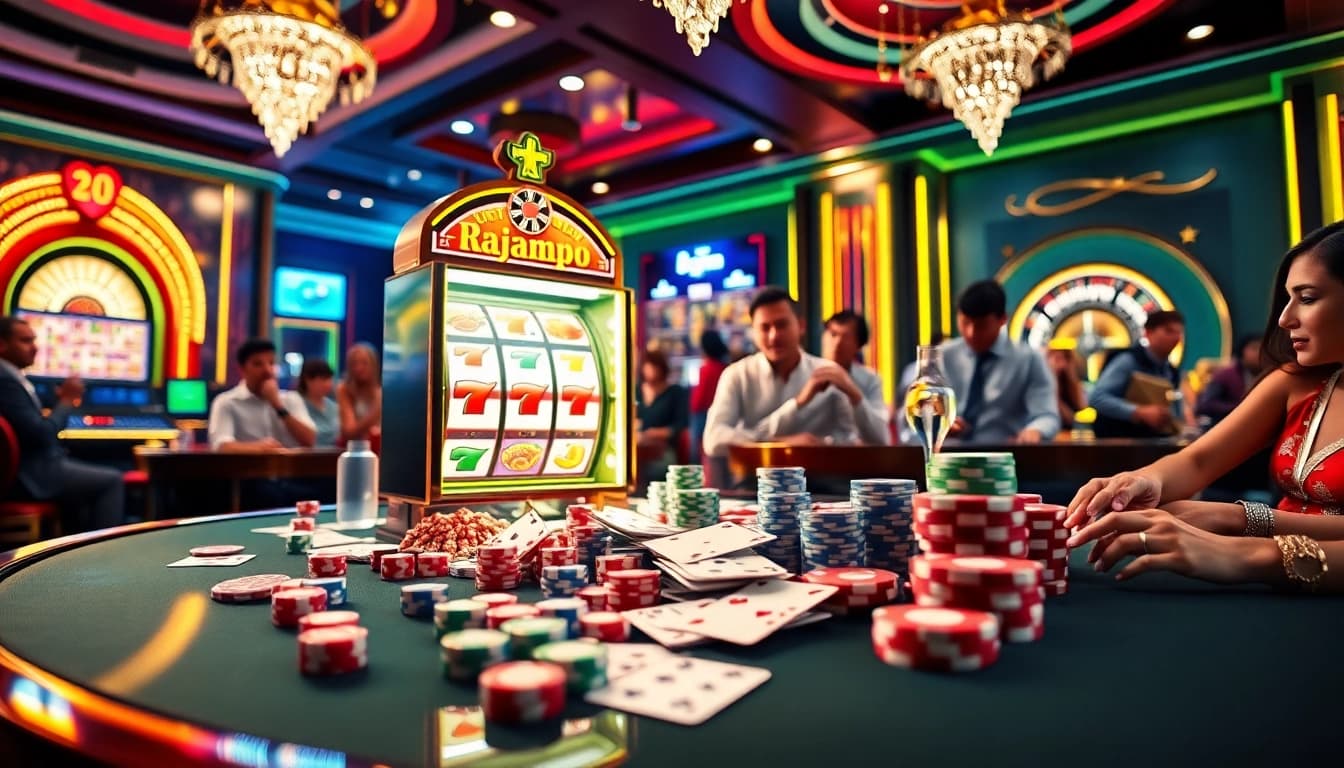 Pemain menang di mesin slot rajampo dalam lingkungan kasino yang penuh warna dan penuh semangat.