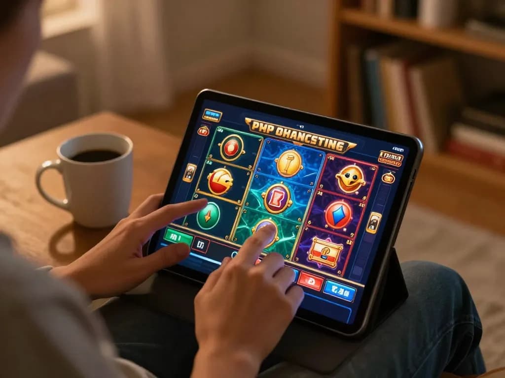The player enjoys adobet88 slot on a tablet while sipping coffee in a cozy home setting.
