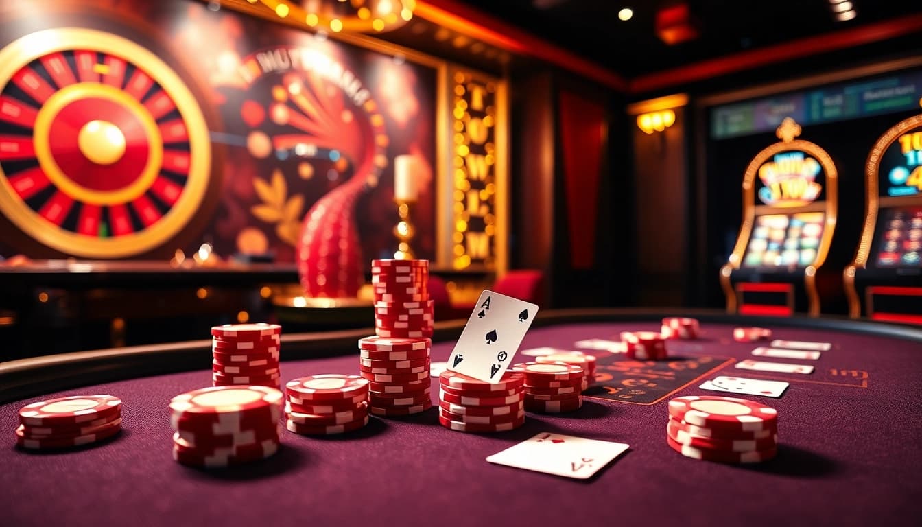 Experience the excitement of online gaming on Dominoqiu with a luxurious poker table surrounded by casino elements.