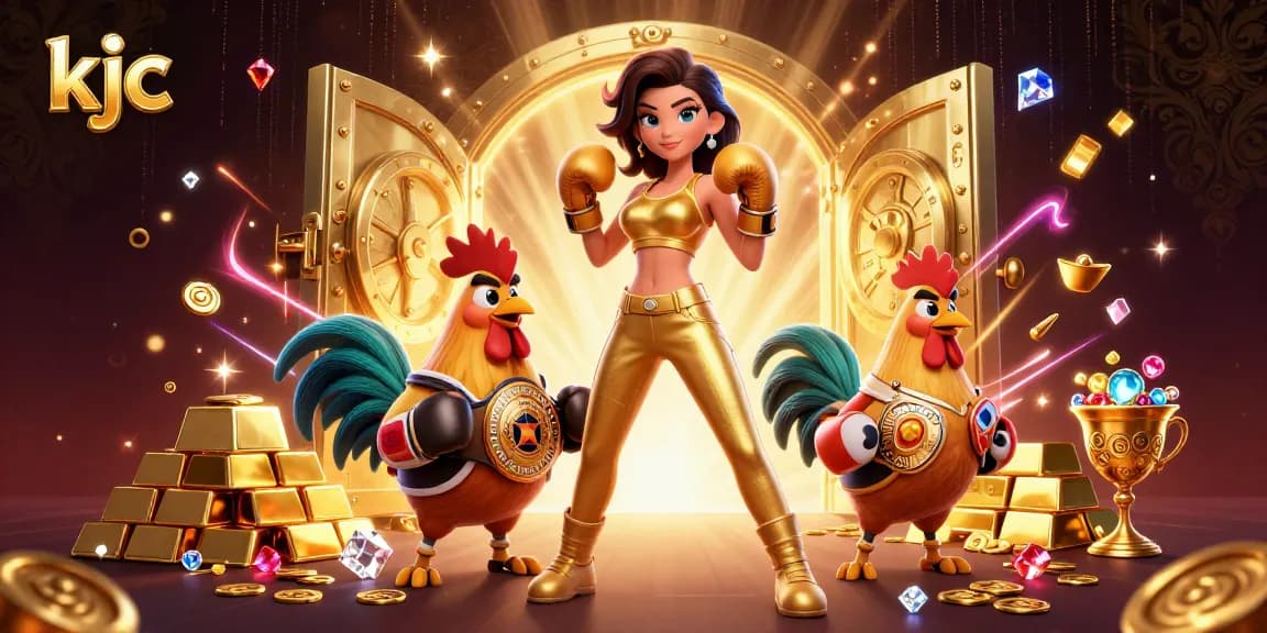KJC's lively gambling scene showcasing a champion rooster and an athletic woman amidst dazzling treasures and games.