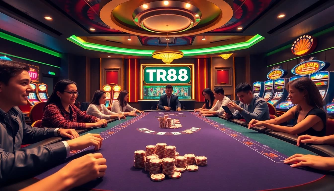 Action-packed TR88 casino scene with players engaged at a high-stakes poker table.