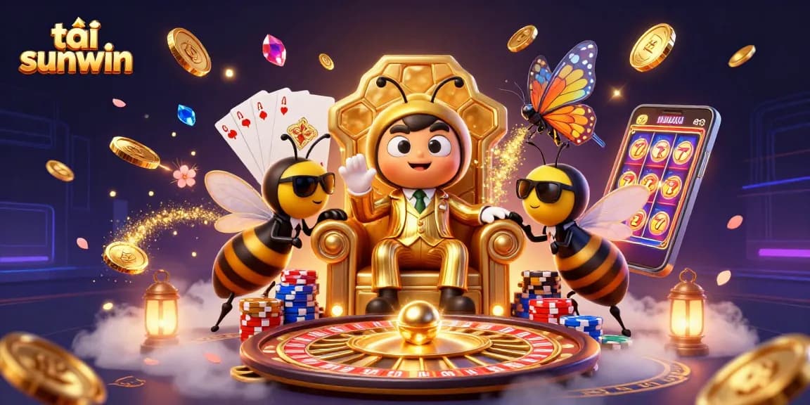 Experience excitement in the virtual realm with tải sunwin casino, dominated by a bumblebee mob boss surrounded by vibrant gaming elements.