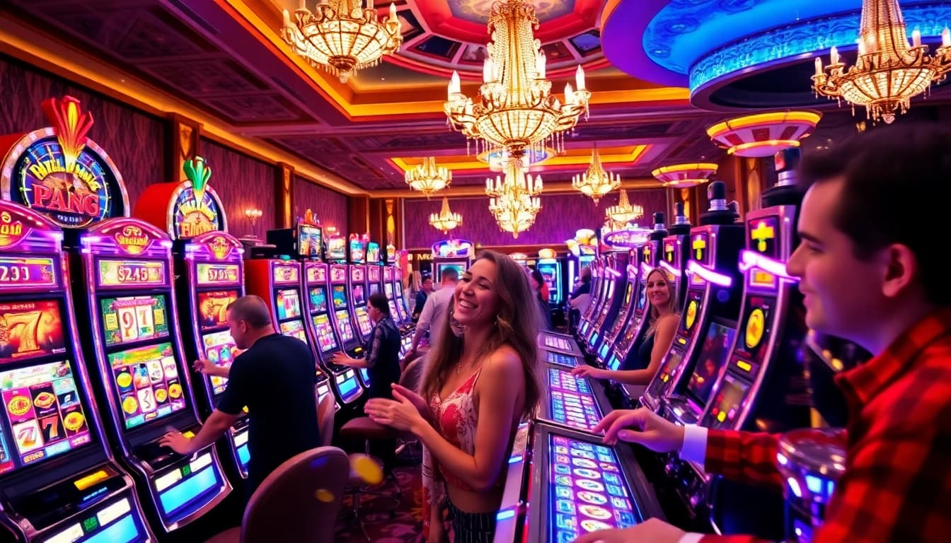 Players enjoying the excitement of slot machines in a vibrant casino environment, showcasing the thrill of winning.