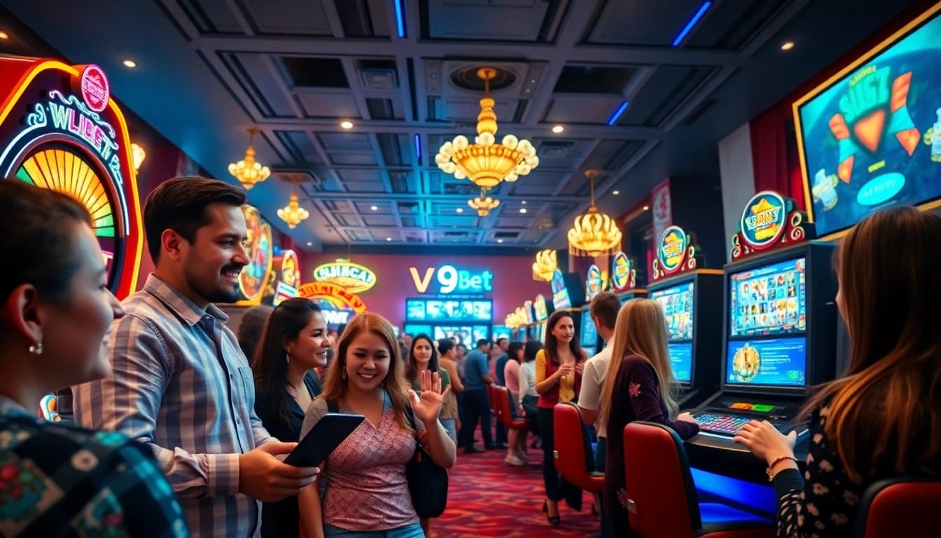 Dynamic V9bet online casino scene showcasing diverse players enjoying various games with excitement.