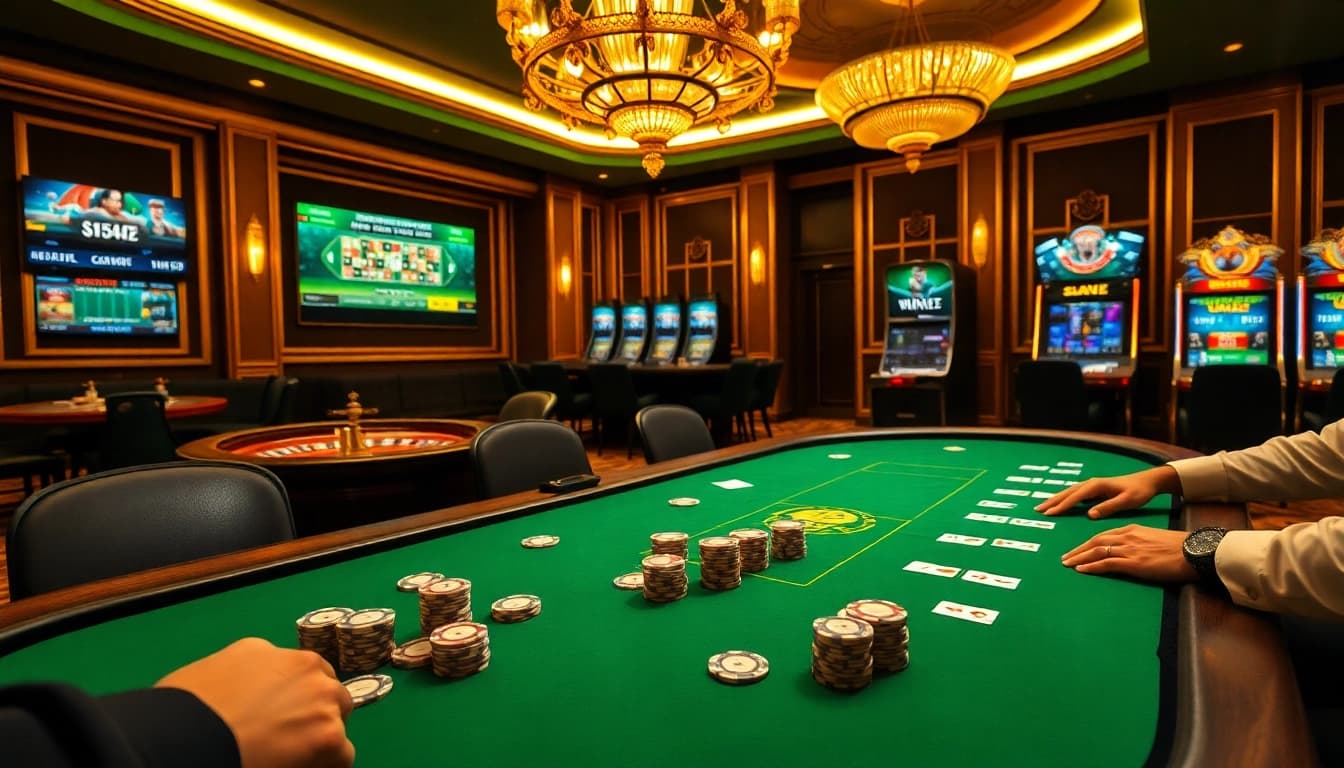 Experience exciting gameplay at https://good88k.co/ with a vibrant casino scene featuring poker and roulette.