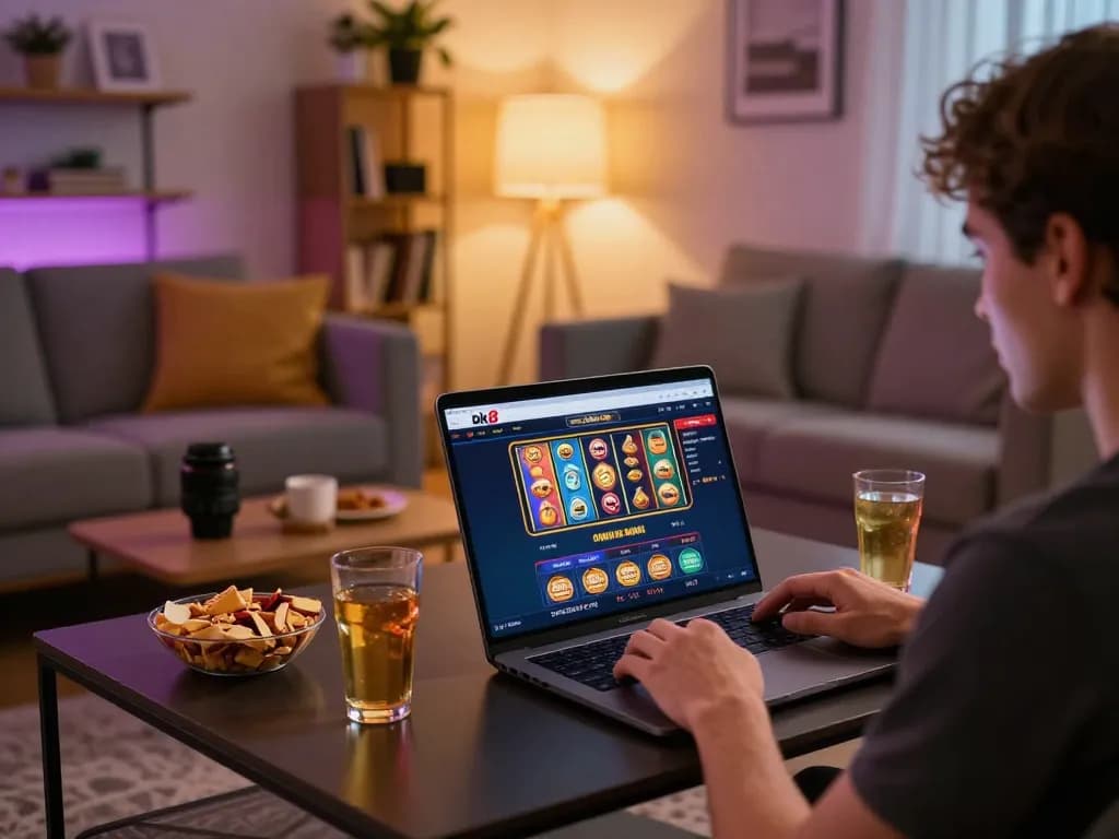 Player enjoying bk8 online casino gaming from a cozy home setup, showcasing laptop screen with games.