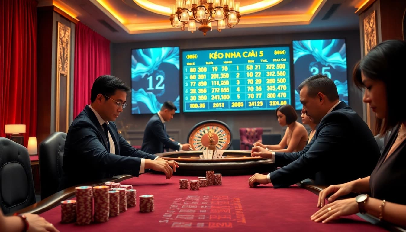 Kèo Nhà Cái 5 showcasing exciting poker gameplay in a luxurious casino setting
