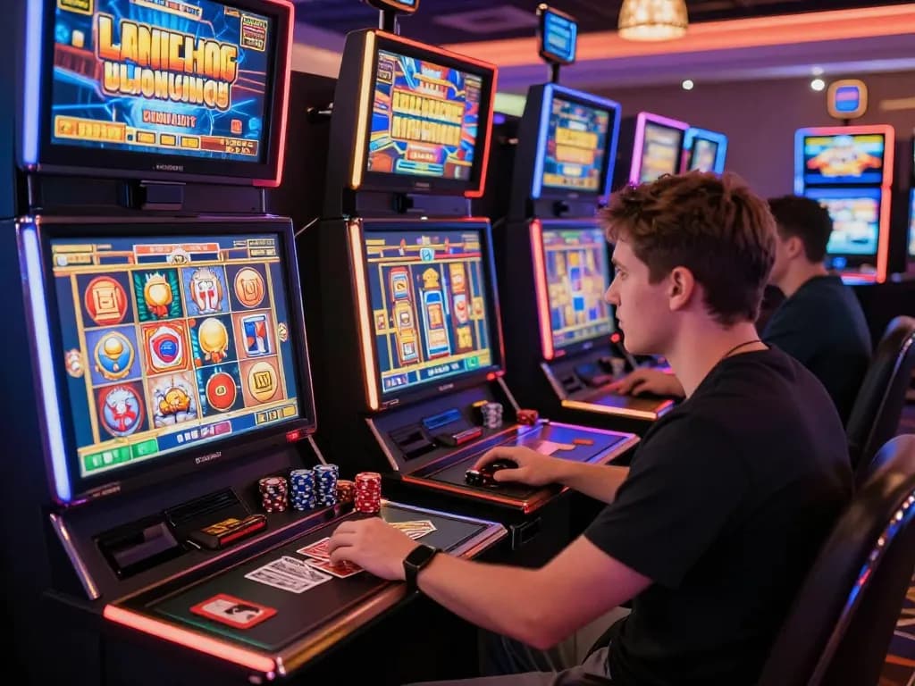 Player engaged in online gambling with link gacor on screen in a vibrant gaming setup.