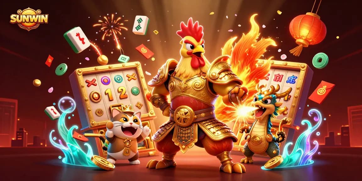 SUNWIN offers thrilling slot gameplay with vibrant symbols and dynamic characters in a 3D casino illustration.