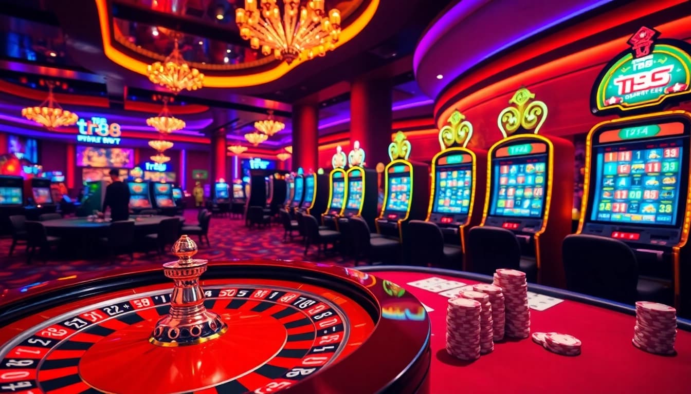 Exciting gaming scene featuring roulette and poker with tr88 branding emphasis.