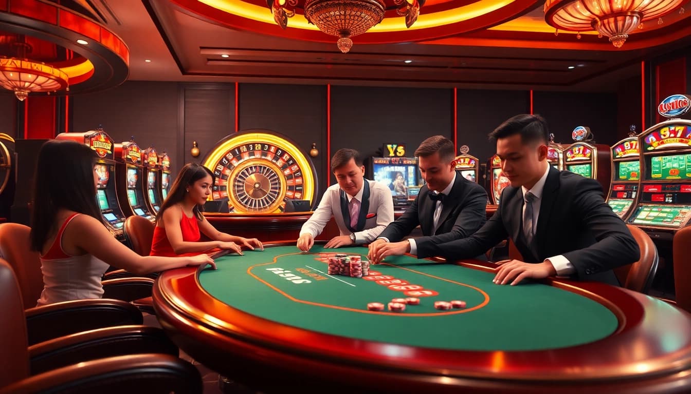 Players enjoying high-stakes poker at Dominoqiu casino with vibrant slot machines.
