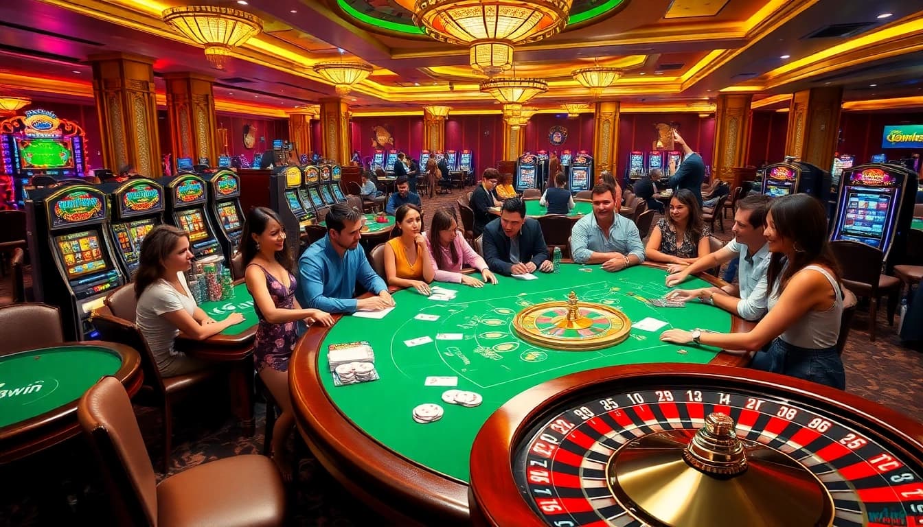 Exciting gambling scene at 13win casino featuring vibrant poker tables and slot machines.