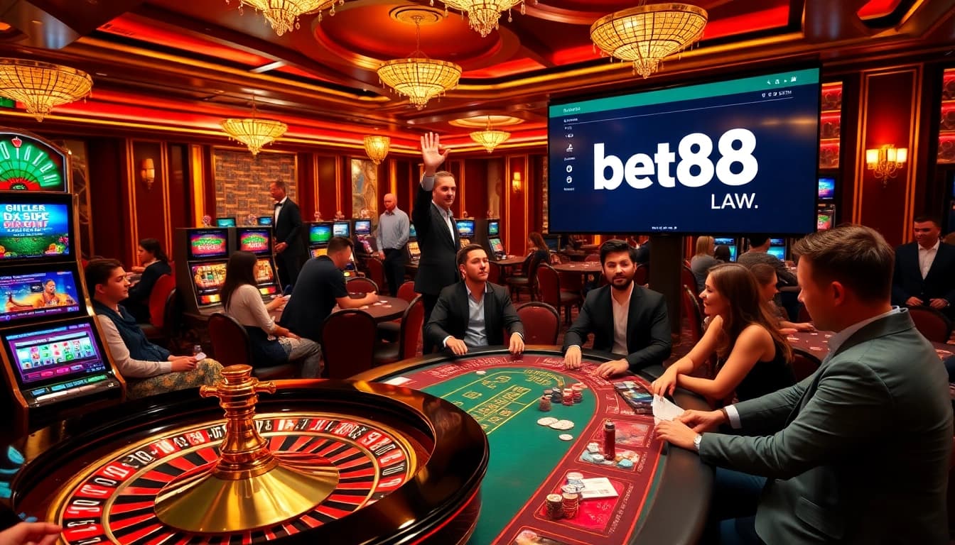 Excited players engage in casino games while interacting with bet88.law interface, showcasing luxury.