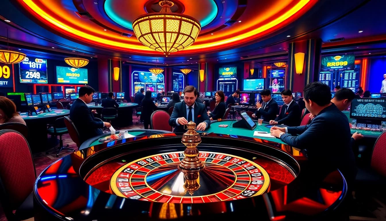 RR99 casino experience with a vibrant roulette table and engaged players enjoying high-stakes gaming.