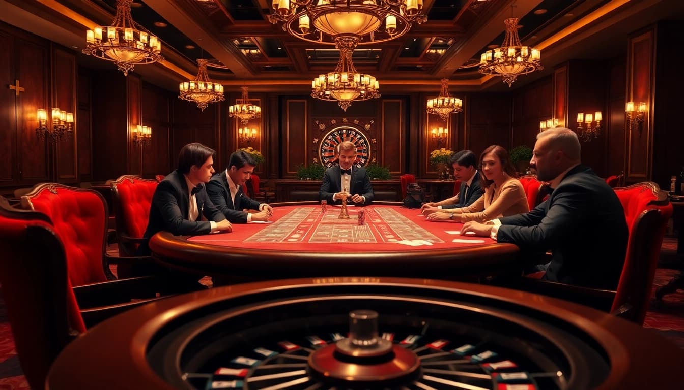 High-stakes poker game at a luxurious casino table with authentic gameplay experience at https://98win3h.io/