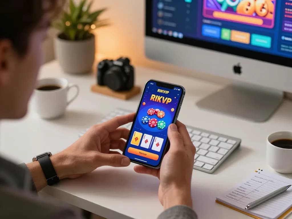 Player enjoying RIKVIP mobile gaming with strategy notes and vibrant game interface visible