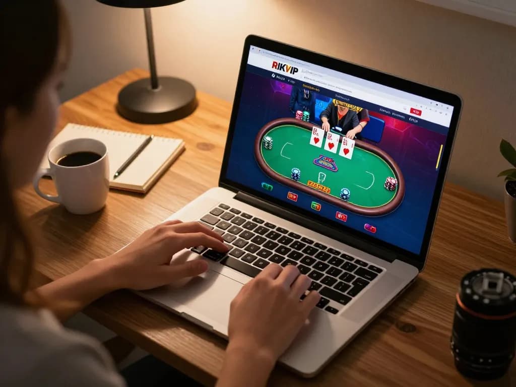 Engaging online poker gameplay on RIKVIP platform, showcasing strategic betting and cozy workspace ambiance.