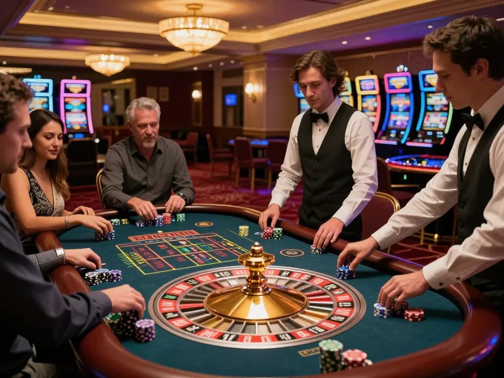 C168 players enjoying vibrant roulette action on a luxurious casino floor with ambient lighting