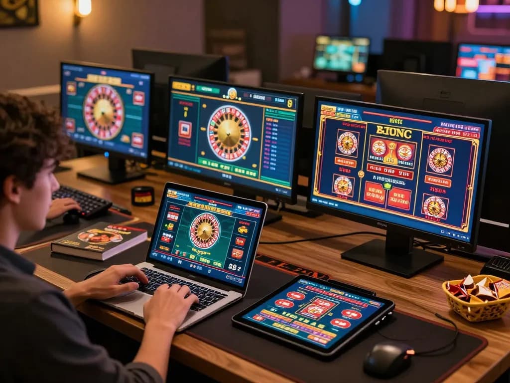 Player engaging in online casino gaming with lv88 app on multiple devices, showcasing exciting gameplay.