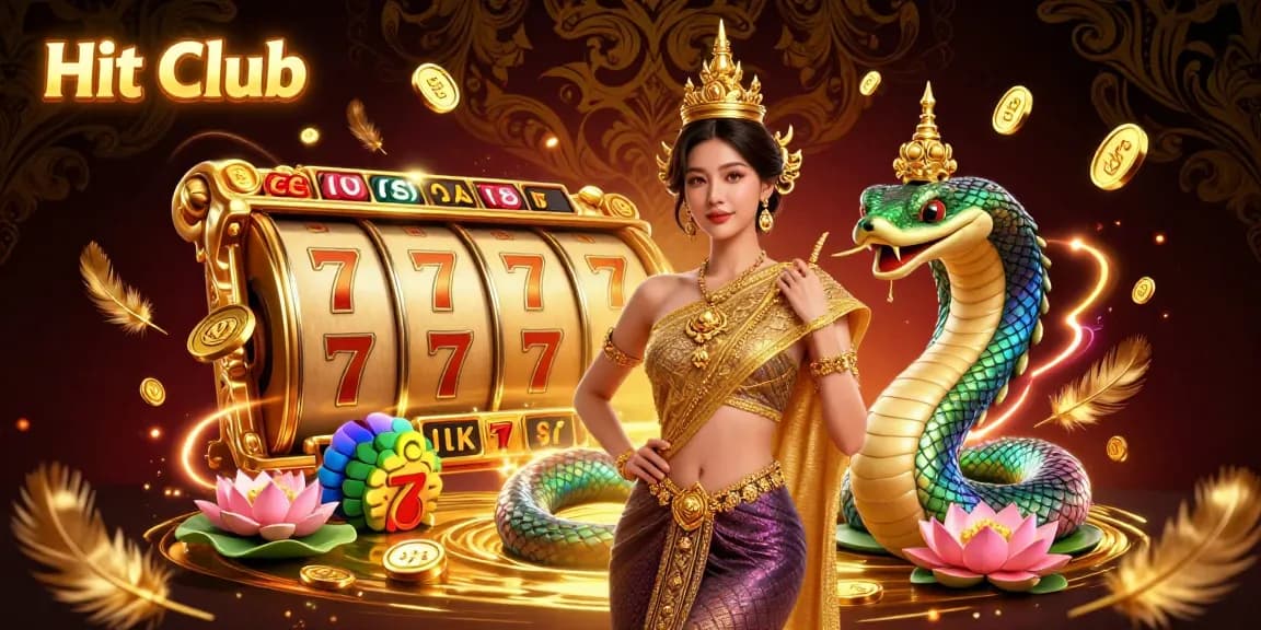 Hit Club casino scene featuring an Asian woman in a traditional costume with a Naga serpent, surrounded by vibrant slot game elements.