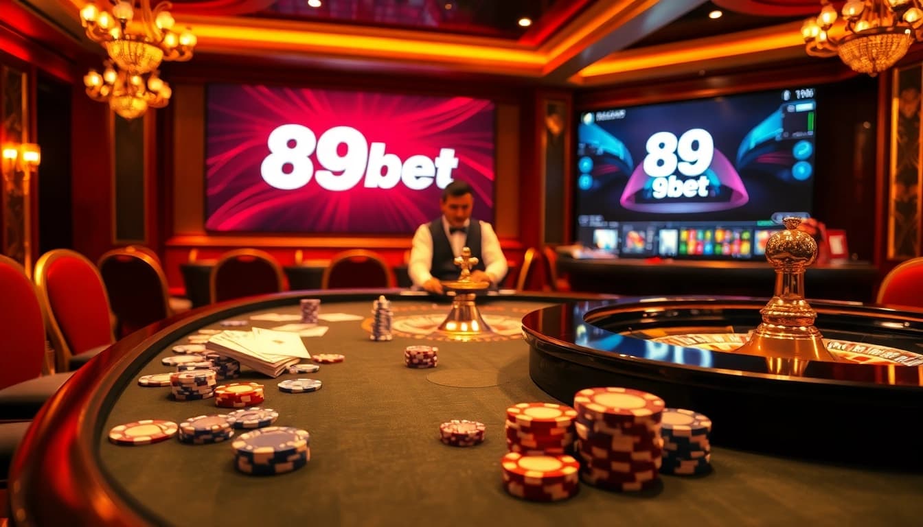 Experience luxury gambling at 89bet with a vibrant casino scene featuring roulette and poker.